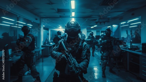 Masked SWAT officers move into a darkened building inside which computers and desks are surrounded by soldiers with rifles and flashlights.