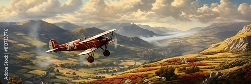 A vintage biplane flying over the countryside