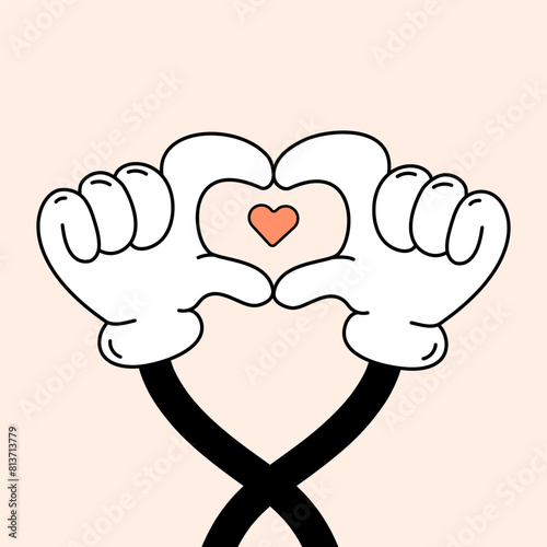 Vintage  hands in gloves making a heart. Retro style illustration. Funny Hands in groove style making a heart with fingers. Symbol of love from two hands.Vector illustration