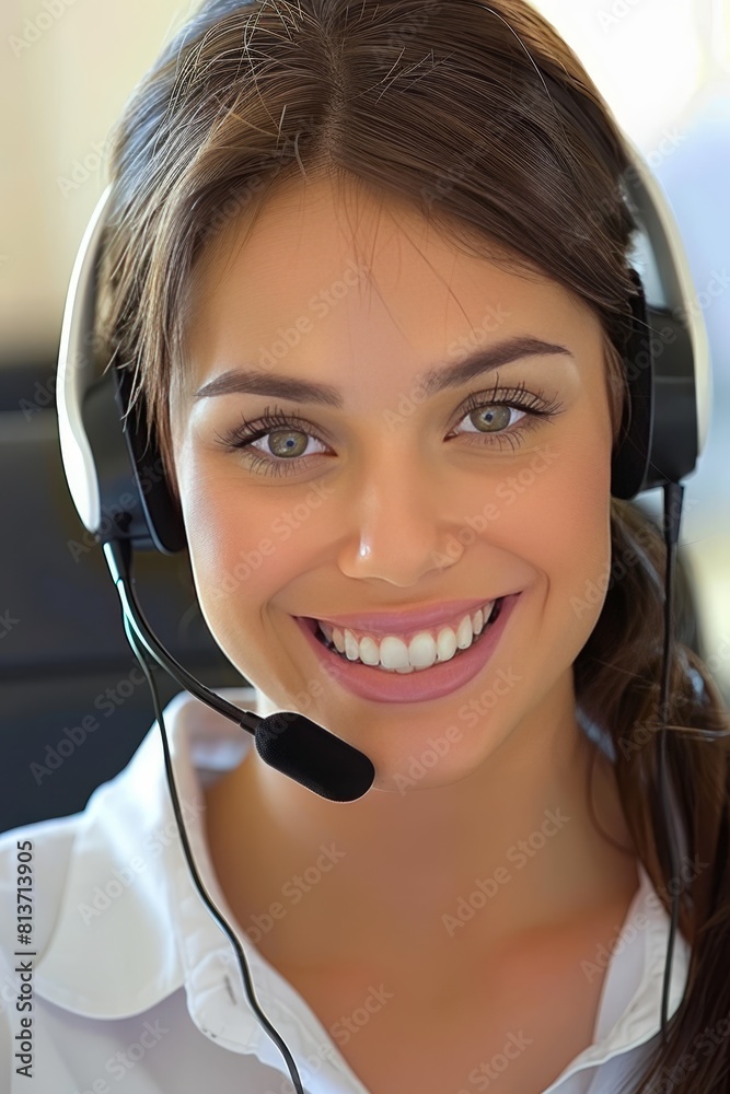 Customer service representative proudly assisting calls with a smiling face, stock image Customer service representative proudly assisting calls with a smiling face, stock image