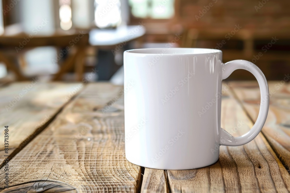 A plain white ceramic mug mock-up on a wooden table A plain white ceramic mug mock-up on a wooden table