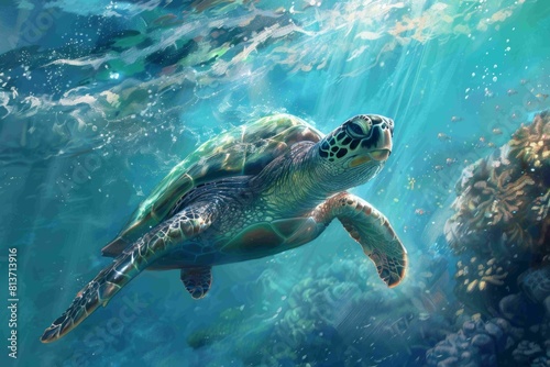 Turtles in the ocean swim with their old shells in the beautiful blue sea water  generative ai