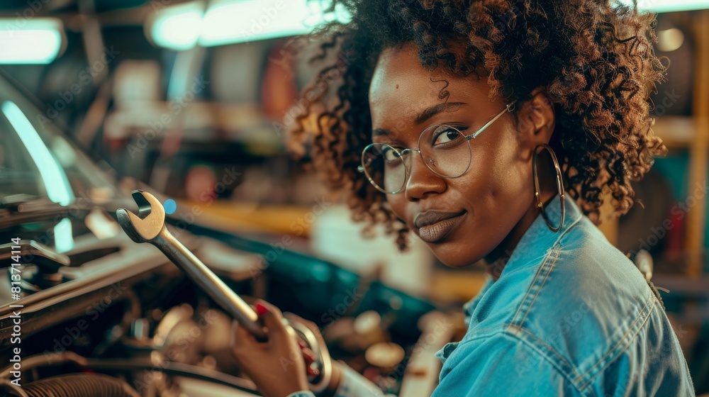 A beautiful female mechanic is working on a vehicle while wearing safety glasses. She uses a ratchet as she wears safety glasses. She smiles at the camera.