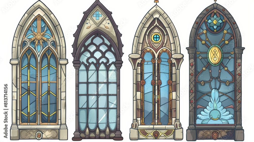 Gothic interior and exterior architecture design elements of rectangular and arched shapes. Modern illustration of antique facade construction.