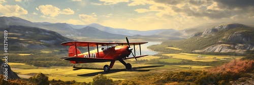 A vintage biplane flying over the countryside