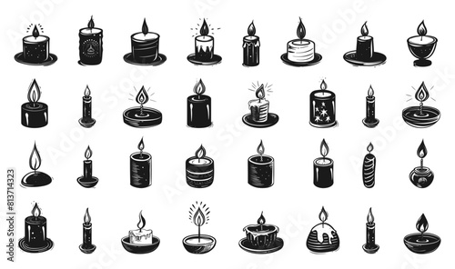 Magic Candles. Hand-Drawn Icons Set. Mystic Candle Illustrations with Crisp Contours on White Background. Witchcraft Candle Symbols