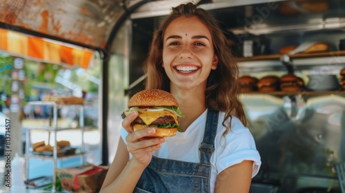 Women Employee on Food Truck Holds Tasty Burger  Smiles and looks at the Camera. Stylish Street Food Truck Sells Street Food in Modern Neighborhood. Business Owner is Happy at Work. Sunny day shot.