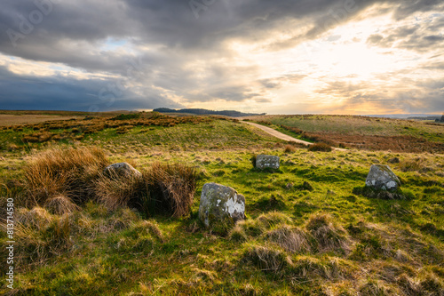 View of The Goatstones looking west, which is a Bronze Age four-poster stone circle above Ravensheugh Crags located in Northumberland National Park, North East England