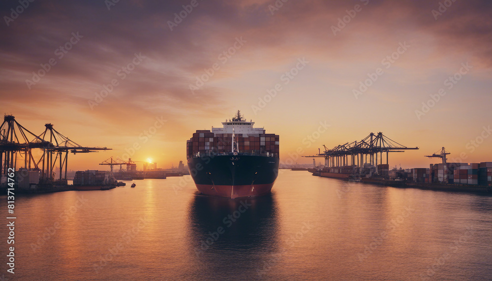 cargo ship unloading containers at the port, sunset.
