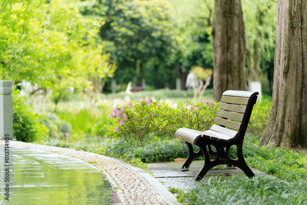 Tranquil Park Bench by Cobblestone Path Amidst Nature Tranquil Park Bench by Cobblestone Path Amidst Nature