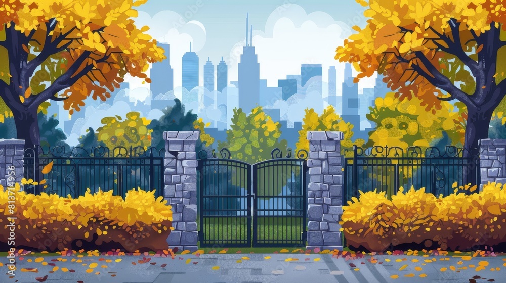 A parallax background of stone gates in an autumn city park in bad ...