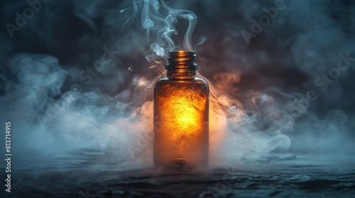 Amber Dropper Bottle Encased in Soft Mist, Old-World Apothecary Mystique style