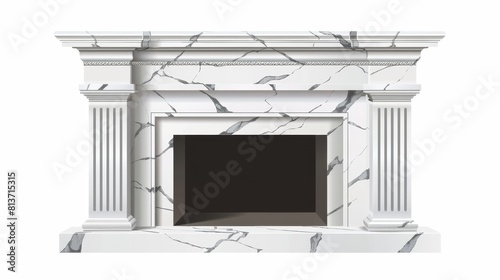 Classic style white marble fireplace with pilasters on a white background. Modern realistic illustration of hearth in stone frame with pilasters and empty mantelpiece. photo