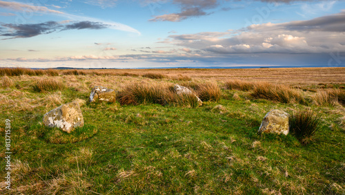 View of The Goatstones looking east, which is a Bronze Age four-poster stone circle above Ravensheugh Crags located in Northumberland National Park, North East England