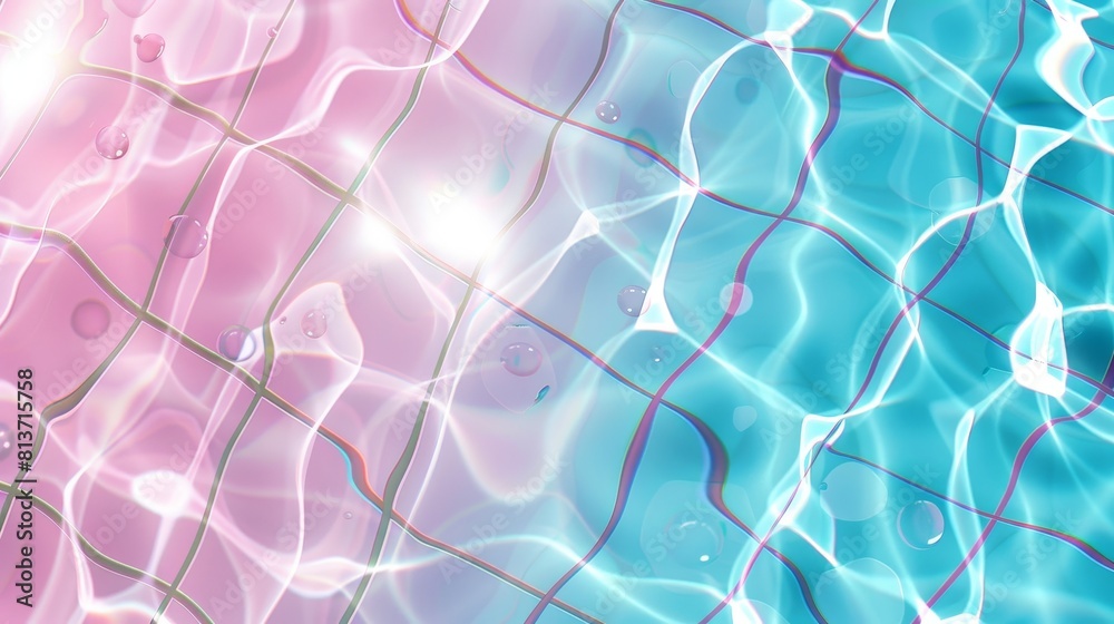 An aerial view of a blue water pool, with pink tiled floors and ripples on the surface of the water. Swimming basin transparent liquid texture with rays of light reflecting off the surface of the An aerial view of a blue water pool, with pink tiled floors and ripples on the surface of the water. Swimming basin transparent liquid texture with rays of light reflecting off the surface of the