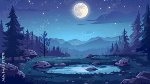 Modern night landscape with full moon and stars above pond, conifer trees and rocks. Dark heaven with moonlight romantic fantasy background, midnight twilight. © Mark