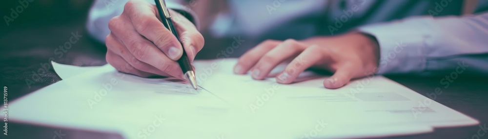 close - up of hands holding pen and signing contract on white paper, with a white sleeve visible in the background close - up of hands holding pen and signing contract on white paper, with a white sleeve visible in the background