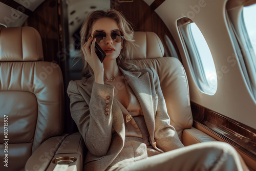 A beautiful woman in a beige suit talking on the phone while sitting in a private jet.
