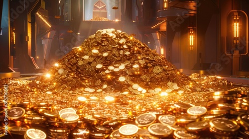 Pile of gold coins in dark room