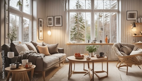 Modern bright living room with large cozy armchairs in a Nordic style, created with generative AI © dynasty