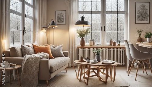 Modern bright living room with large cozy armchairs in a Nordic style, created with generative AI