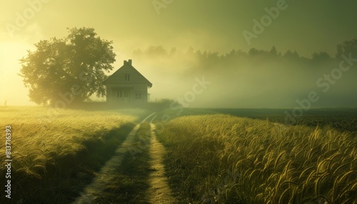 A house in the middle of grassy fields with a foggy sky, a road leading to it photo