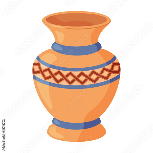 Colored ceramics vase. Porcelain vase for flowers, antique pottery, floral and abstract patterns. Vase pottery, floral pot, colorful jug. Trendy flat style isolated on white. Vector illustration