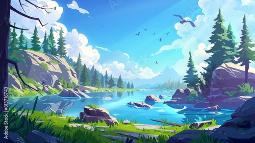 Nature summer landscape with lake  green grass on rocks  and conifer trees. Scenery of blue clear water and spruce trees under blue sky with clouds and flying birds. Cartoon modern background.