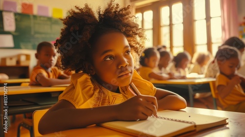 Taking a test in a classroom with diverse bright children. Low angle side view portrait of a black girl writing in an exercise notebook.