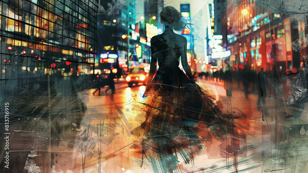 Cityscape, Evening gown, Elegant woman, A sophisticated lady walking down a bustling city street at dusk, depicted through the lens of Impressionism