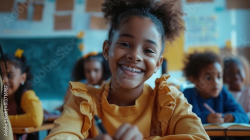 Picture of bright black girl wearing braces smiling while writing in exercise notebook. Junior classroom with diverse group of children learning new things photo