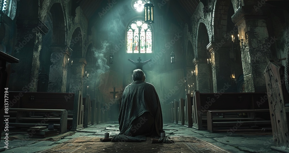 An old man praying in the dark interior of medieval church. An old man praying in the dark interior of medieval church.
