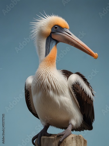 A Pelican bird is sitting on a blue background. AI generated image
