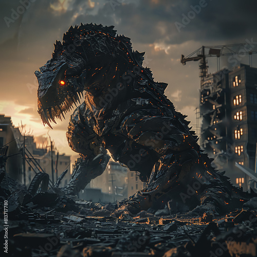 Mutant creature, metallic scales, glowing eyes, lurking in dark ruins of a destroyed city Surreal 3D render, silhouetted against a post-apocalyptic backdrop