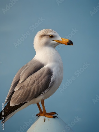 A Seagull bird is sitting on a blue background. AI generated image