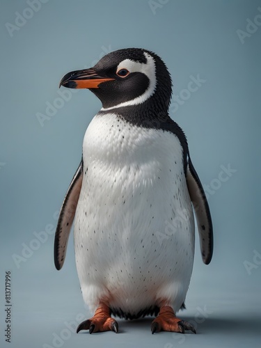 A Penguin bird is sitting on a blue background. AI generated image