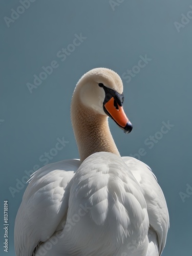 A Swan bird is sitting on a blue background. AI generated image