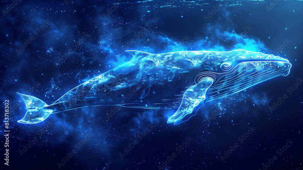 Abstract picture. Whale swimming in the deep sea. Digital whale swimming on blue technology background Abstract picture. Whale swimming in the deep sea. Digital whale swimming on blue technology background