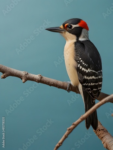 A Woodpecker bird is sitting on a blue background. AI generated image