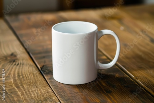 A plain white ceramic mug mock-up on a wooden table