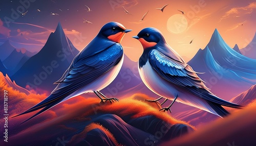 Birds swallow birds photorealistic, detailed, colorful, high-contrast, swallow oiseau, nature, animal, illustration, branches,  photo