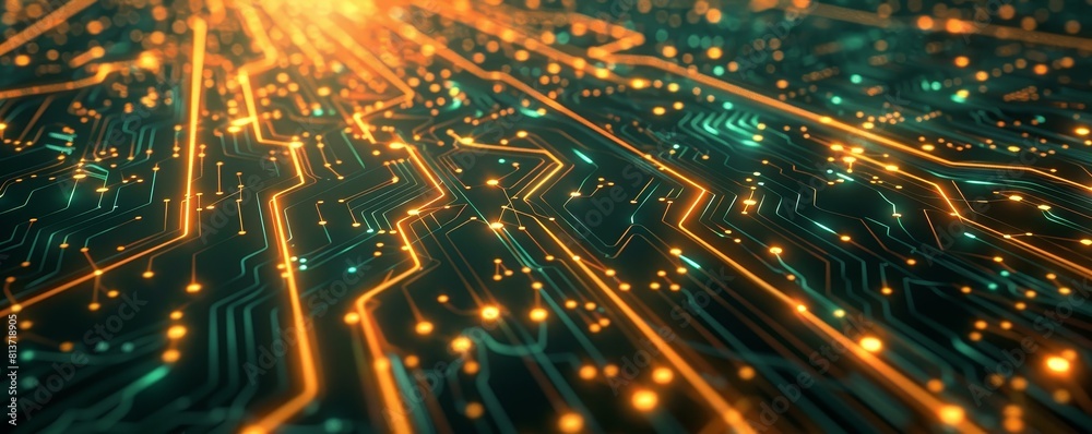 Fototapeta premium Abstract digital technology background with glowing circuits and lines.