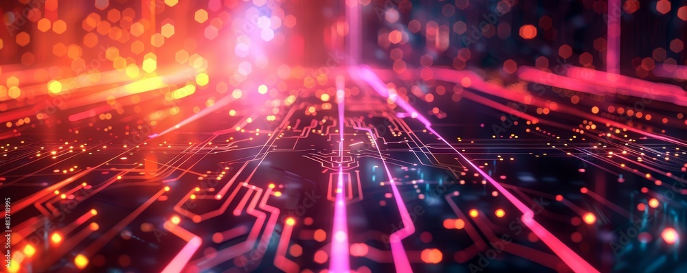 Obraz premium Abstract digital technology background with glowing circuits and lines.