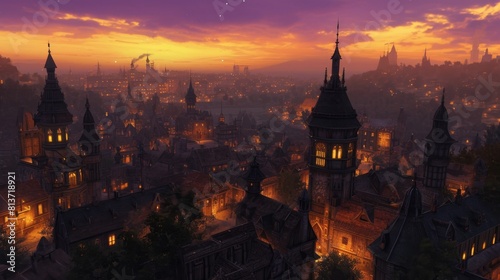 medieval charm fantasy lanscape at dusk, with the city lights twinkling like stars. The iconic spires and towers stand tall against the vibrant sunset 