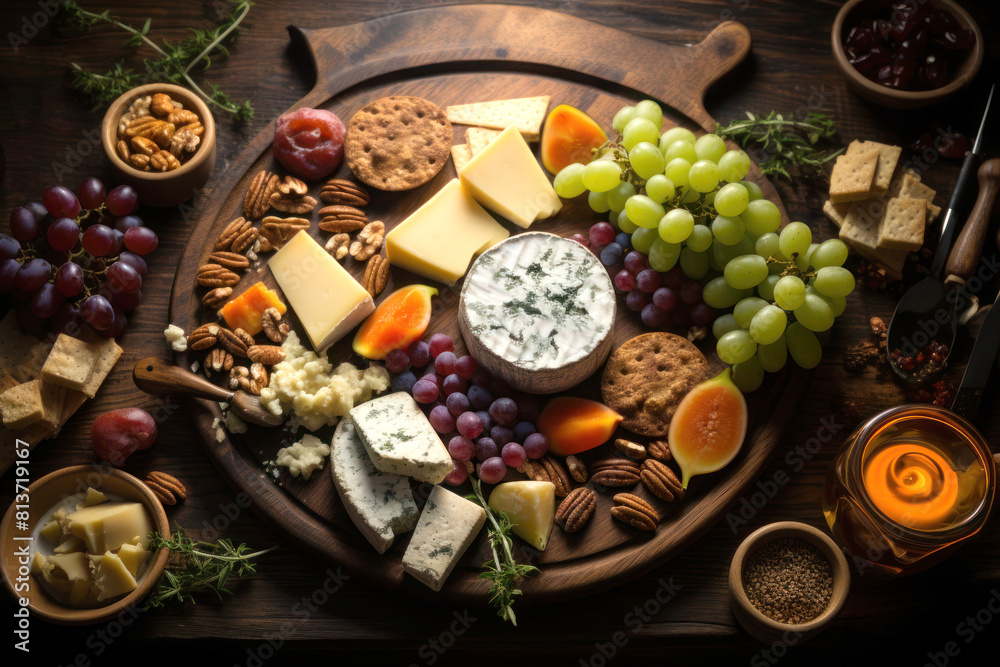 Gourmet Elegance: Overhead View of Artfully Arranged Cheese Platter on Dark Wood Gourmet Elegance: Overhead View of Artfully Arranged Cheese Platter on Dark Wood