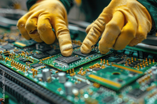 Precision and Expertise: Workers Assembling Microchips on Electronics Assembly Line