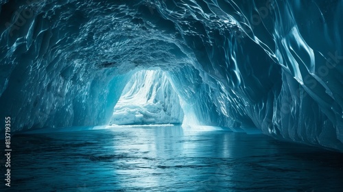glacier crevice, with light piercing through the icy depths, creating a play of shadows and reflections.