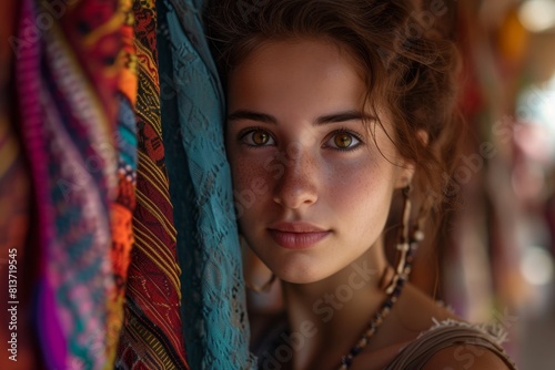 enchanting Egyptian girl with chestnut hair, set against the vibrant tapestry of Khan El Khalili market. Her olive skin glows as she interacts with colorful fabrics and spices, embodying the essence photo