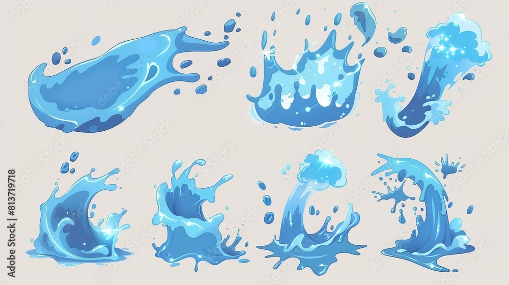 Cartoon ocean or sea stream with drops and splatters, fx storyboard Modern illustration. Cartoon blue ocean or sea stream with drops and splatters, vfx animation sprite sheet. Cartoon ocean or sea stream with drops and splatters, fx storyboard Modern illustration. Cartoon blue ocean or sea stream with drops and splatters, vfx animation sprite sheet.