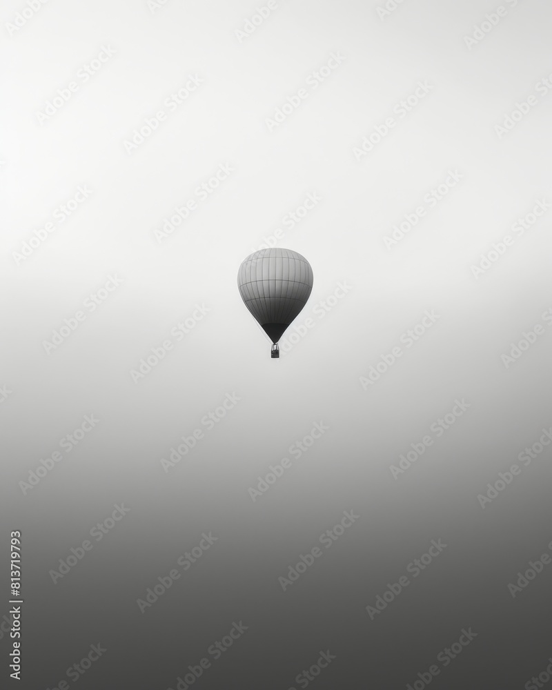 Obraz premium hot air balloon ascending through a misty morning sky. The simplicity of the composition and ethereal atmosphere, minimalist black and white photograph